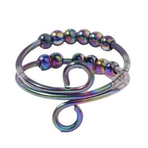 Silver - Sensory, Fidget, Spinner, or Worry Ring - Rainbow Metal & Rainbow Beads